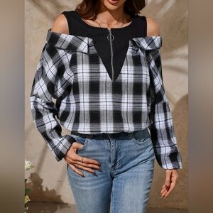 SHEIN Lunessa Plaid O-Ring Zipper Cold Shoulder Blouse,Long Sleeve Tops- Size S